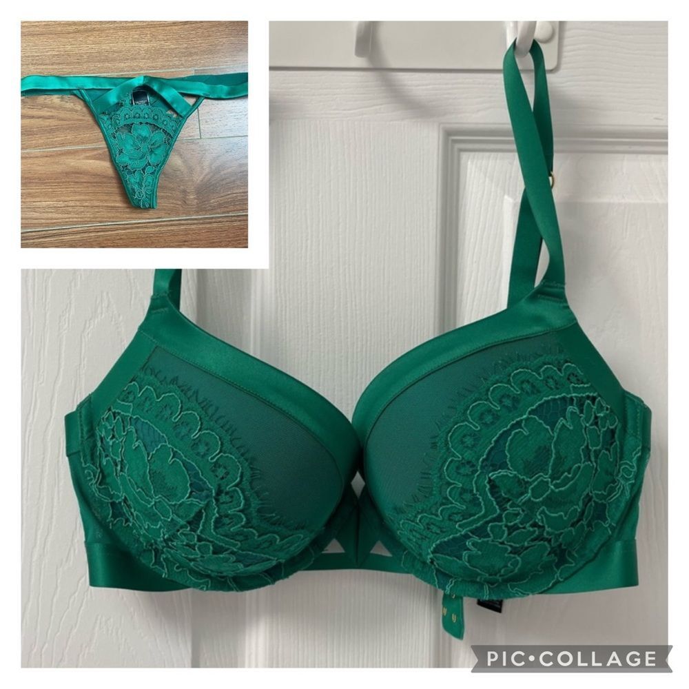 Victoria’s Secret Set Green Limited Edition Lace Ribbon Bra 32DD Small Thong